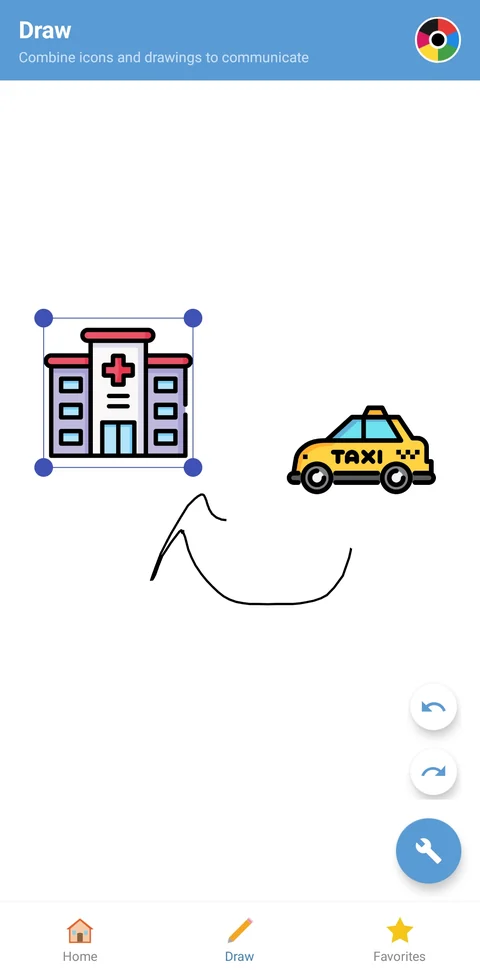 TapTalkie Draw screen with a taxi icon and a hospital icon linked by a hand-drawn arrow