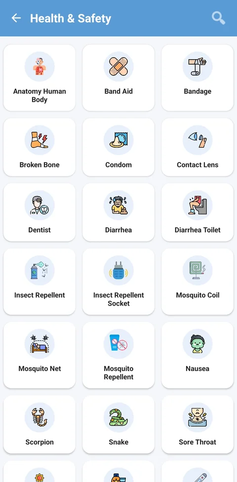 TapTalkie Health & Safety category with icons for the human body, band aid, bandage, broken bone, dentist, nausea and sore throat